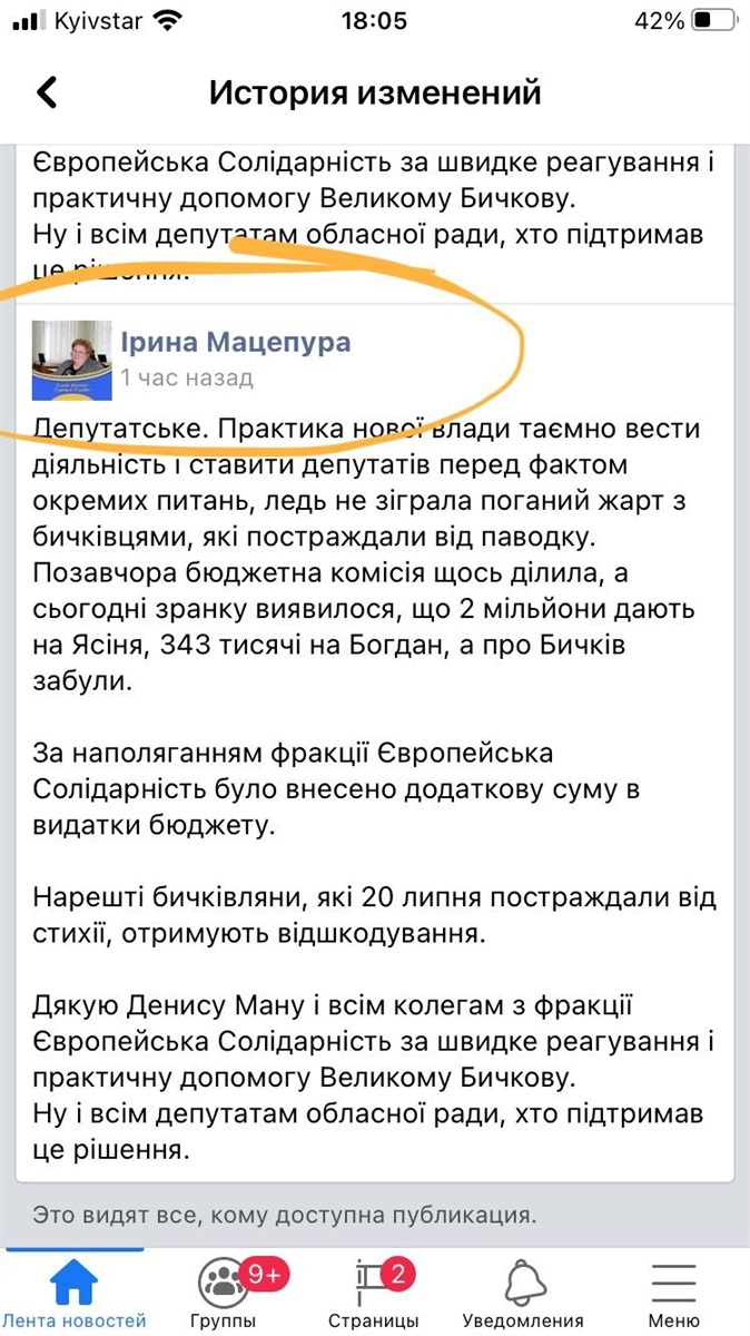 Скрін публікації Ірини Мацепури